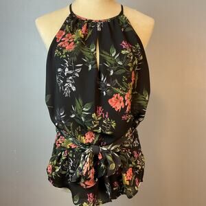 Parker Halter Dark Floral Tank Keyhole Tie Waist High Neck Small Feminine Dainty
